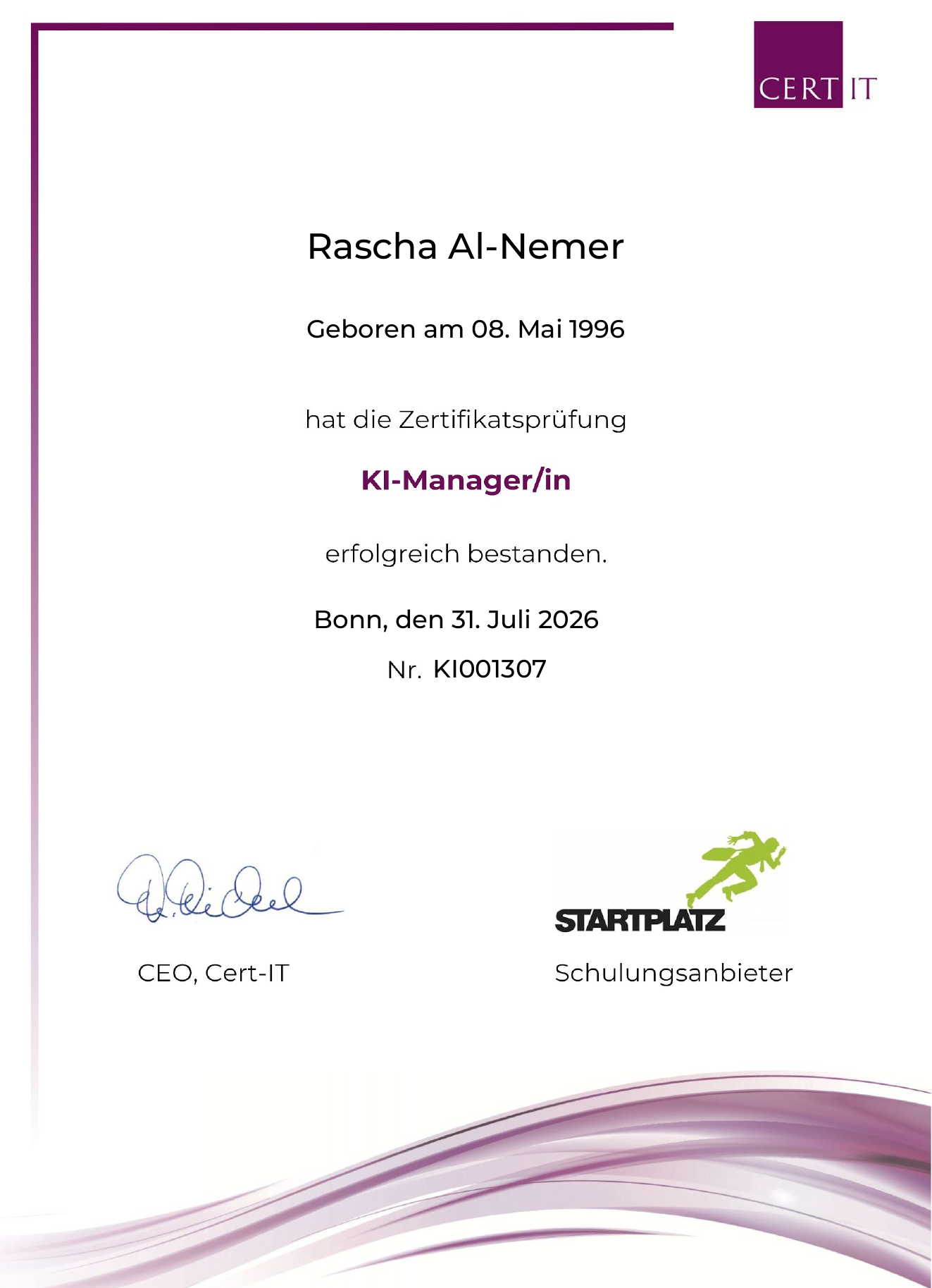 Cert-IT-Zertifikat von Rascha Al-Nemer zur erfolgreich bestandenen Prüfung als KI-Managerin